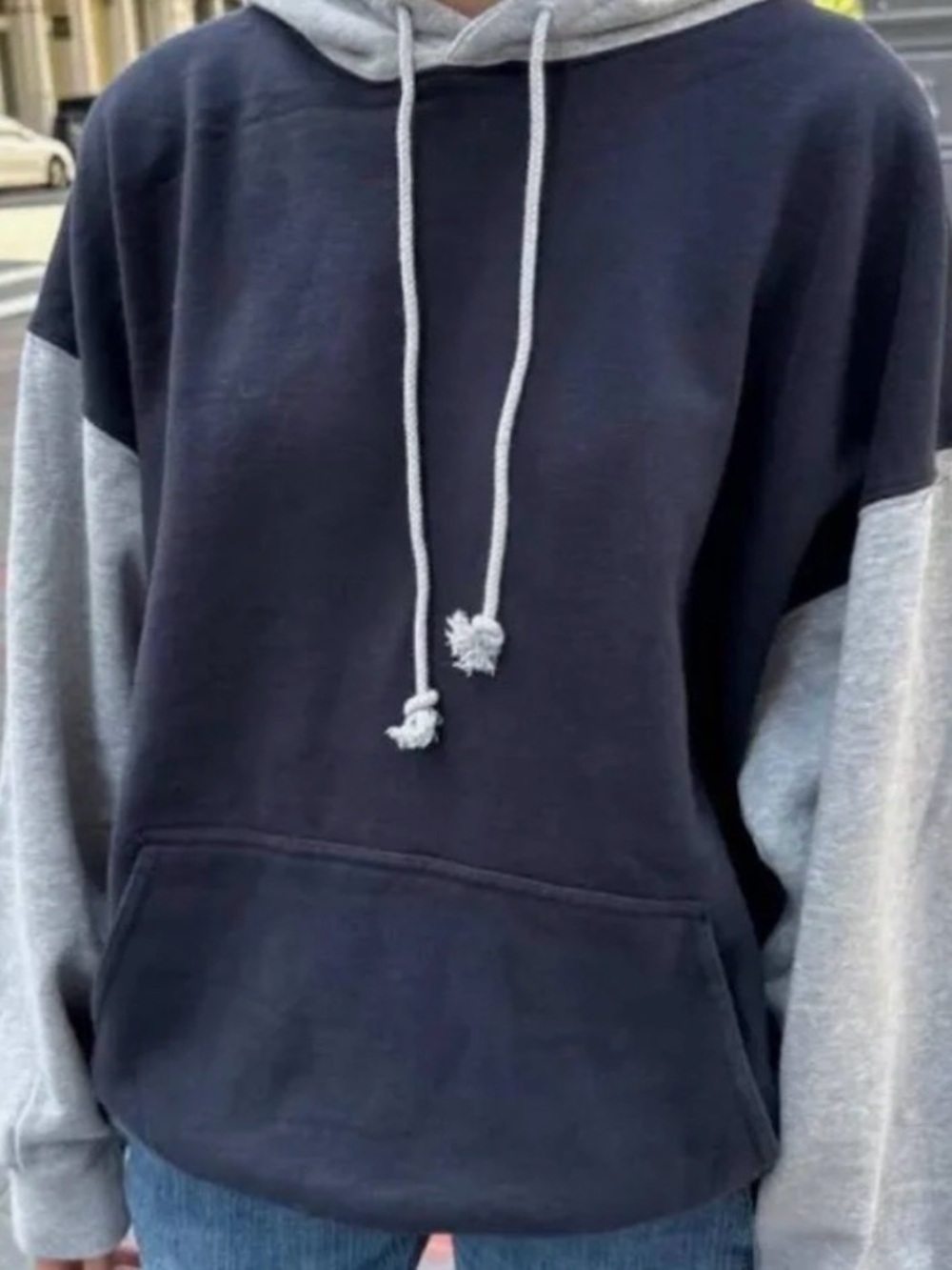 Brandy Melville Women’s Two-Tone Navy and Gray Hooded Sweater